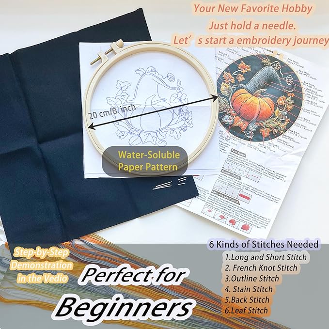 FONNUY Pumpkin Embroidery Kit for Beginners, Pre-Stamped Pattern Kits for Adults with Hoop, Easy to Follow Color Thread Needlework, 8'' Hoop (Witch Hat 3)