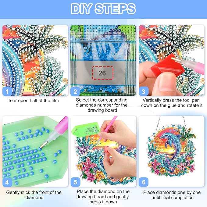 QENSPE Diamond Painting Art Hanging Kits for Adults, 5D Dolphin Diamond Paingting Ornaments with Chain, DIY Sunset & Flower Crystal Window Pendants for Home Wall Decor Double Sided Gift 8X8 inch