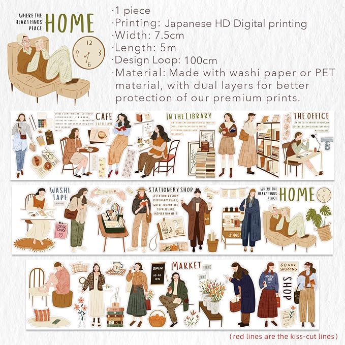WT Pre-Cut Planner's Day 1 PET Tape, Single Roll, Original Designs, Waterproof Decorative Masking Tape for Journals, Planners, Scrapbooking, DIY Paper Projects