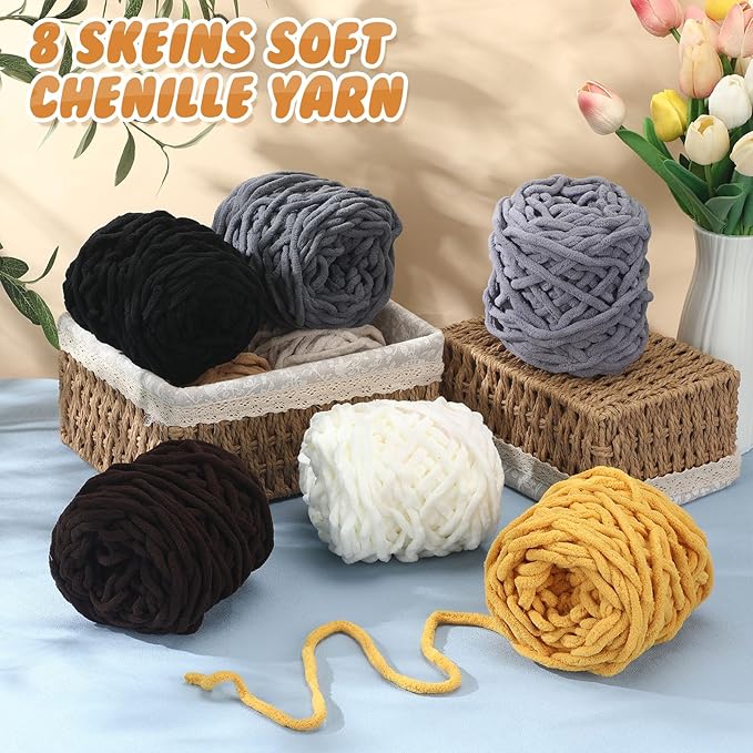 Buryeah 8 Pack Chunky Chenille Yarn for Crocheting Soft Thick Fluffy Yarn for Hand Knitting Bulky Velvet Blanket Plush for Weaving DIY Crafts Each 3.5 oz 55 Yards (Brown Series)