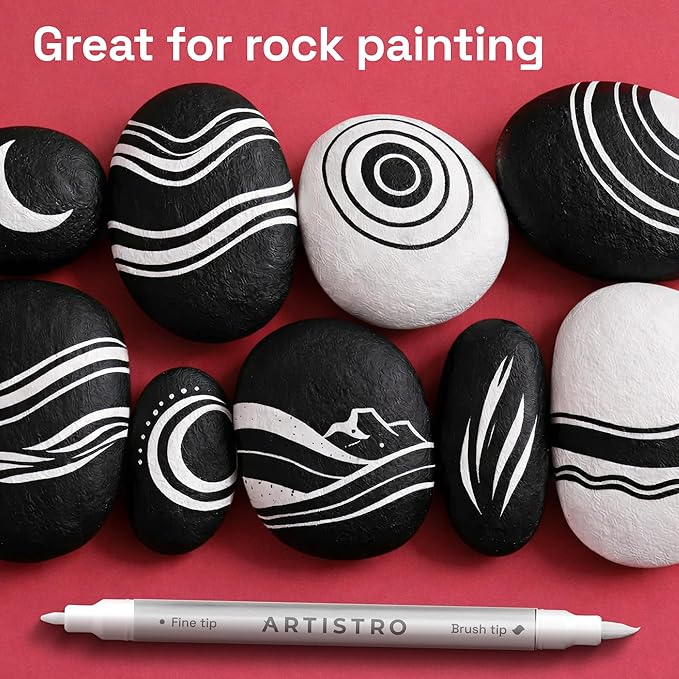 ARTISTRO 12 White Acrylic Paint Markers - Paint Pens for Drawing, Brush + Fine Tips - For Fabric, Rock, Glass, Wood, DIY, Eggs - Art & Craft Supplies for Adults, Teens, Kids - Easter Basket Stuffers
