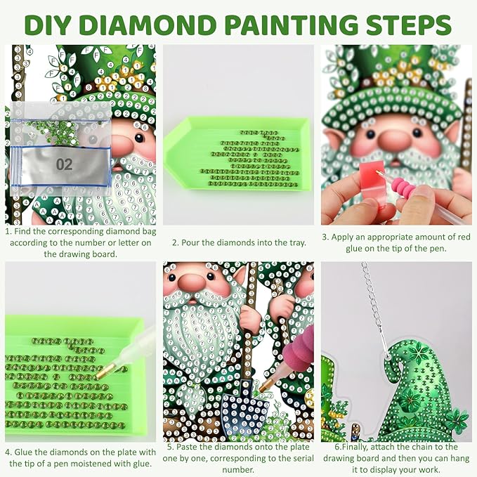MEIYUDA St. Patrick's Day Hanging Diamond Art Kits for Adult, Four-Leaf Clover Gnomes Diamond Painting Kit Ornaments, DIY Special Shaped Rhinestone Window Pendants Kit for Home Wall Decor Gift