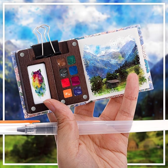 Qilery Mini Portable Watercolor Palette Set Wooden Grid Paint Box Watercolor Paper Sketch Book Brush Pens with Binder Clip for Painters Artist Not Include Paint(Summer Flowers)