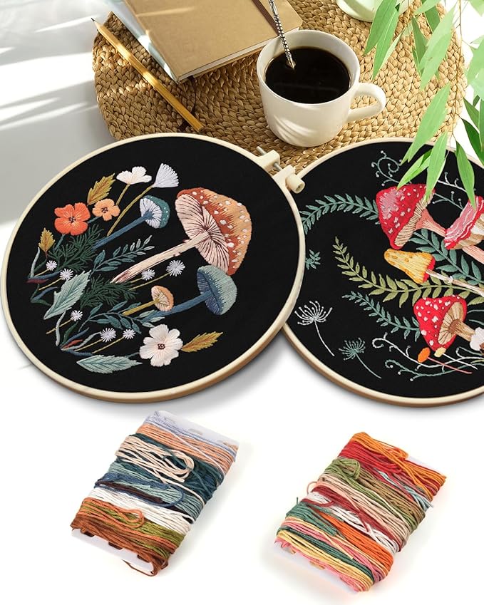 TINDTOP 2 Pack Embroidery Kit for Adult Beginners, Embroidery DIY Starter Kit, with Mushroom Stamped Patterns, Hoop, Tools, Colorful Threads with Needles, Instructions
