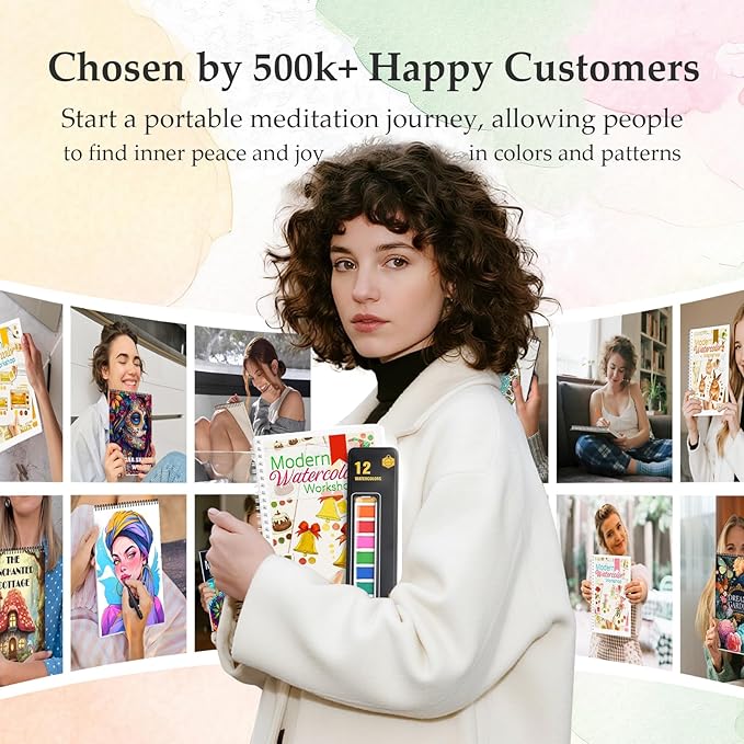 Watercolor Workbook, Watercolor Workbook Paint Book Beginner Friendly with 12 Patterns, Beginner-Friendly Watercolor Workbooks with 12 Paint Colors & Brush, Water Color Paint Set, Valentine's Day Gift
