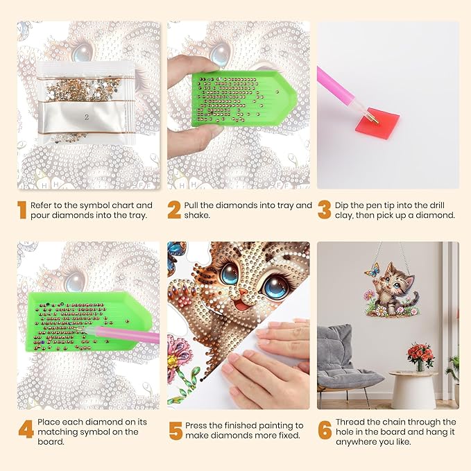 MXJSUA Butterfly Kitten Diamond Art Hanging Kits for Adults Beginners, DIY Acrylic Special Shaped Crystal Diamond Gem Drills Pendant Art Painting Ornament for Home Wall Decor Gift