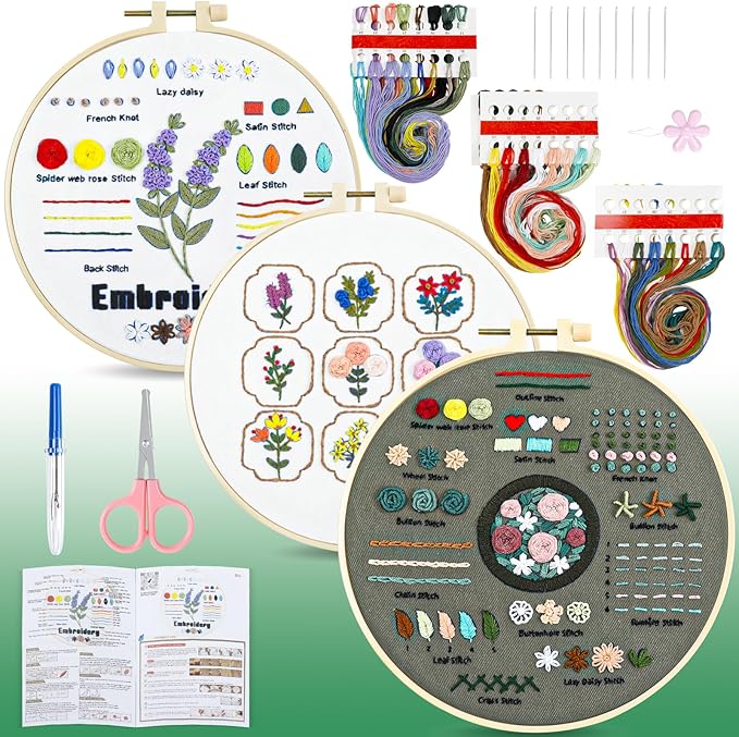 HTVRONT Embroidery Kit for Beginners- 3 Pcs 14 Stitches and 9 Flower Practice Samplers, Pre-Printed Patterns, Step by Step Video, Beginner Embroidery Kit for Adults for Gift for Women