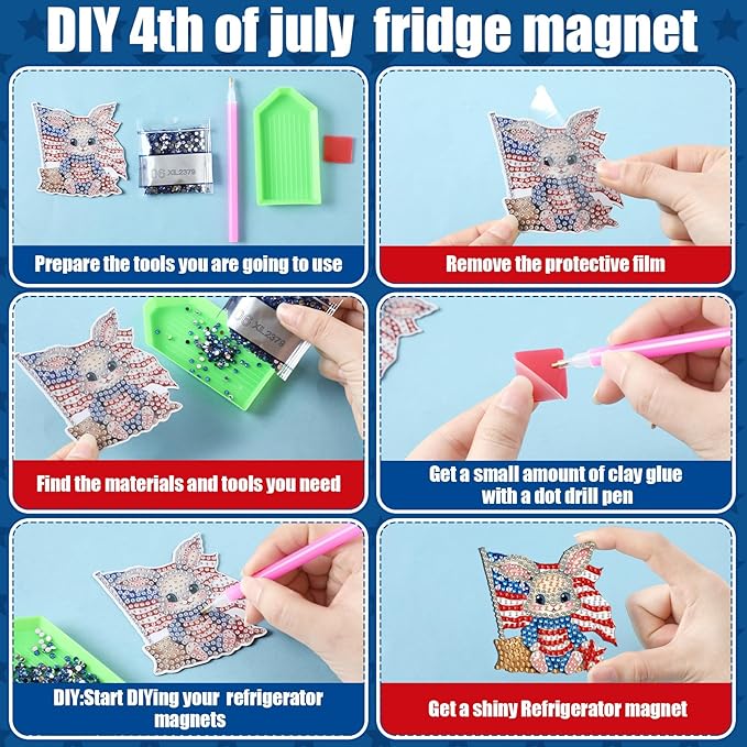 Xuhal 30 Pcs 4th of July Diamond Painting Magnets Patriotic Diamond Art Magnet Kits for Adults Memorial Day Red White Blue Animal 5D Rhinestone Refrigerator Magnetic Sticker for Fridge DIY Craft Gifts