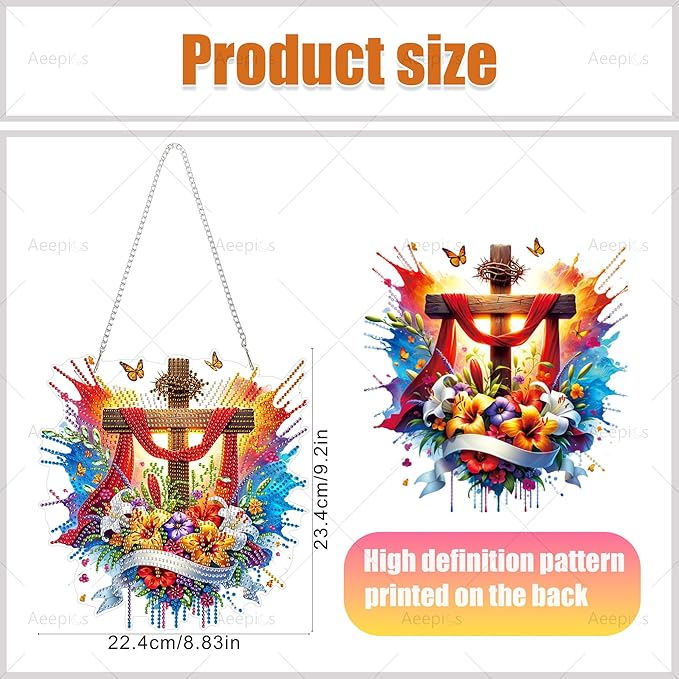 Aeepics Hanging Diamond Art Kit for Adult, DIY Diamonds Painting Pendant Ornament Kit, Acrylic Diamond Art Painting Board Kit (Cross)