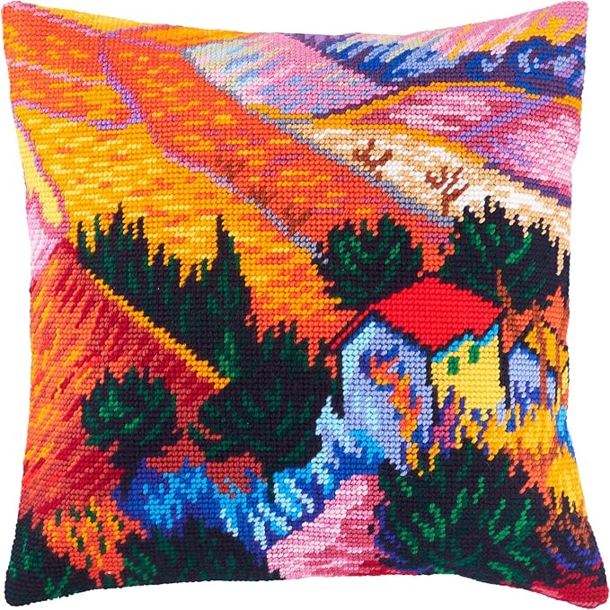 Brvsk Landscape with a House and an Employee by Vincent Van Gogh. Stamped Cross-Stitch Kit. Throw Pillow 16×16 Inches. Printed Tapestry Canvas, European Quality
