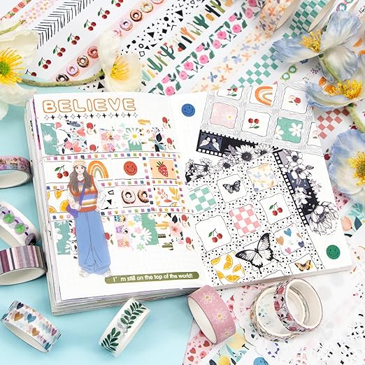 Mooker 55 Rolls Holiday Washi Tape Set - Decorative Tape Seasonal Bohemian Colored Tape, Cute Washi Tapes for Journaling Supplies, Scrapbooking Supplies kit, Summer Scrapbook Supplies