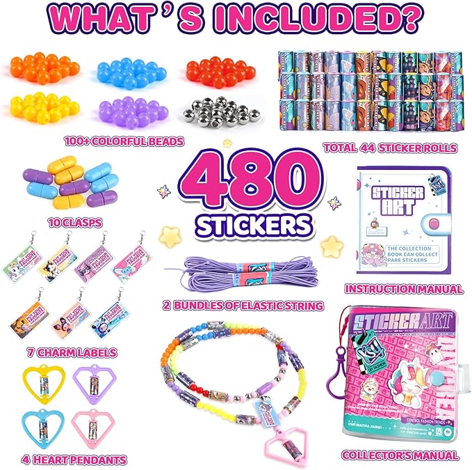 plunack diy bracelet sticker with book, includes 480pcs wearable & shareable stickers, kids beading set bracelet necklace making kits for ages 5 6 7 8 years old girls (480 stickers+collection book)
