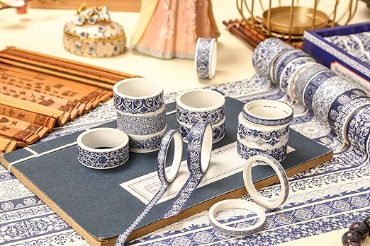 Blue & White Porcelain Washi Tape Set, Traditional Chinese Ceramic Pattern Decorative Masking Tapes, Oriental Art for Craft, Scrapbook, DIY, Gift Wrapping (2-Echoes of Blue/19 Rolls)