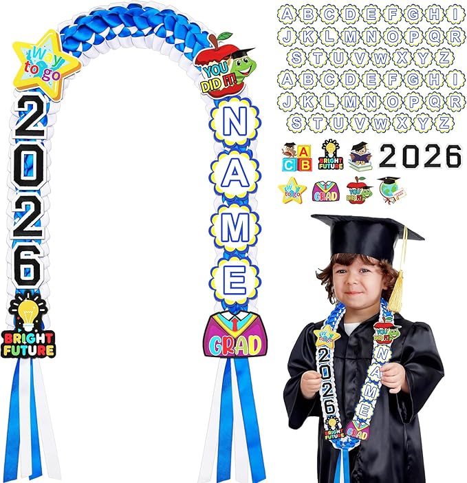 Juexica Kindergarten Graduation Ribbon Leis Class of 2026 Braided Necklace Making Kit with Alphabetic Decorative Cards Preschool Kids Grad Graduation Party Gifts(Blue, White)