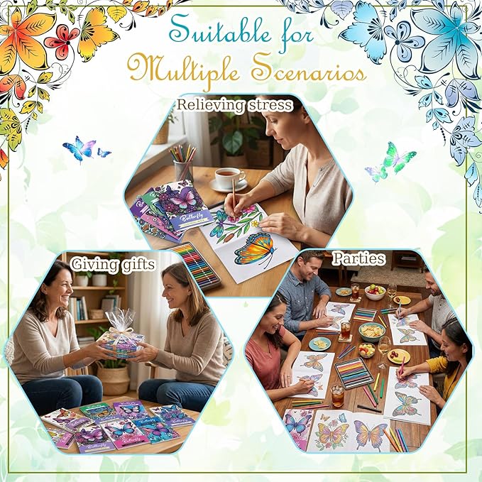 Liliful 144 Pcs Butterfly-Themed Coloring Book Bulk for Adults Mini Butterfly Theme Drawing Book with Garden Flower Insect Patterns Party Favors Goodie Bag Filler and Holiday Gifts