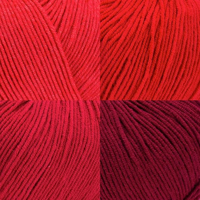 Cotton Yarn Kit - 4 Multicolor Balls Soft Sport Weight Yarn for Crochet & Amigurumi - 50g / 175yds Each & 10 Stitch Markers (H19 - Red)