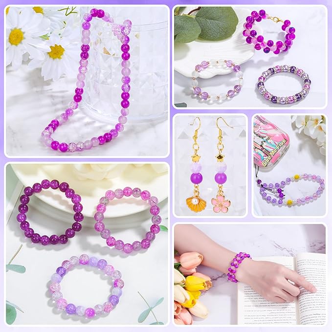 PAXCOO 720pcs Glass Beads for Jewelry Making 8mm, 24 Colors Bead Bracelet Making Kit Purple Round Loose Beads for Bracelet Earring Necklace Jewelry Making Supplies