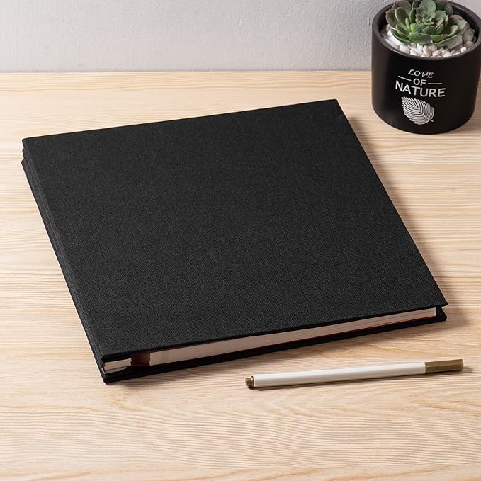 Large Photo Album Self Adhesive 4x6 5x7 6x8 8x10 Pictures Scrapbook Magnetic Album DIY Scrap Book 60 Sticky Pages Linen Cover DIY Photo Album with A Metallic Pen and DIY Accessories(Black), 11"x10.8"60 Pages