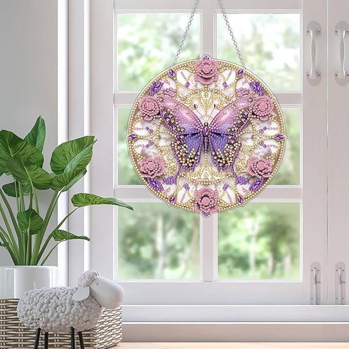 SKRYUIE Butterfly Hanging Diamond Art Kits for Adults Pendant Suncatcher, Special Shaped Crystal DIY Pearl Diamond Painting Kit, Gift for Mother Spring Summer Window Wreath Decor 7.48 x 7.32 Inch A38