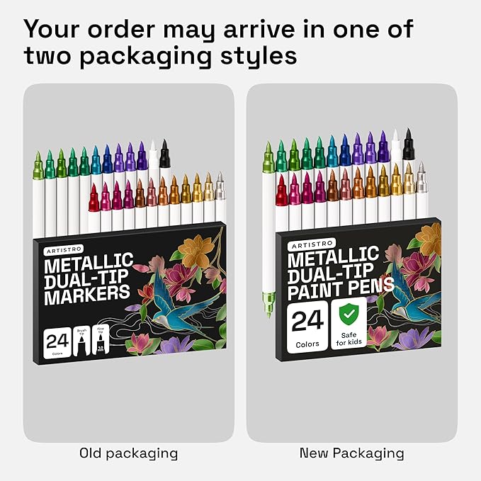 ARTISTRO 24 Metallic Acrylic Paint Markers - Paint Pens for Drawing, Brush + Fine Tips - For Fabric, Rock, Glass, Wood, Eggs - Art & Craft Supplies for Adults, Teens, Kids - Easter Basket Stuffers