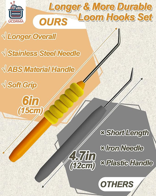 UCDRMA Knitting Loom Hook Refill Set, 8PCS More Comfortable Loom Knitting Hook with Soft Grip, Longer Stainless Steel Loom Crochet Hooks Kit (6in) & 16 Sewing Needles, Great Yarn Loom Knit Tools