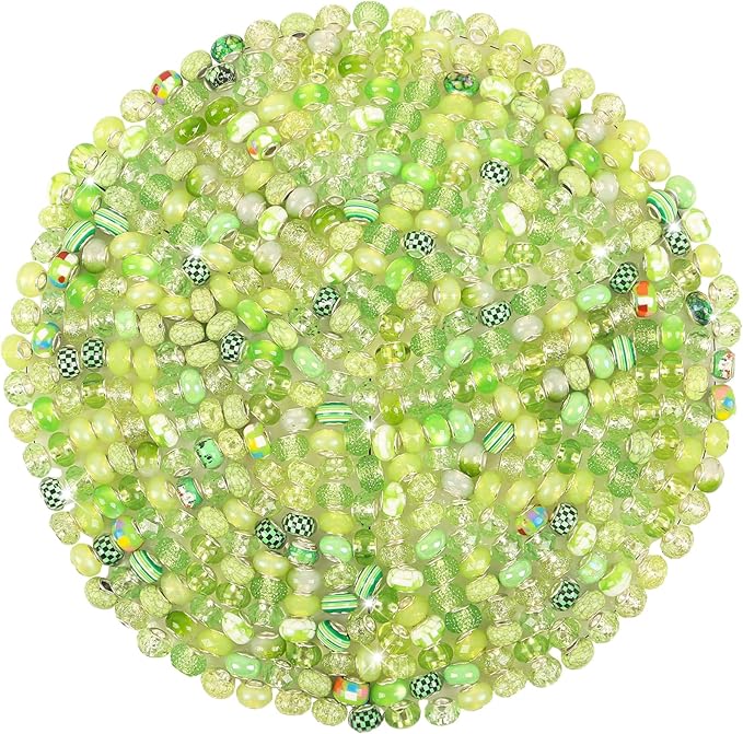 Large Hole Green European Beads for Pens - 100 Pieces Assorted Fairy Wand Garden Lampwork Craft Spacer Beads for DIY Charms Bracelet Necklace Decoration Jewelry Making Supplies