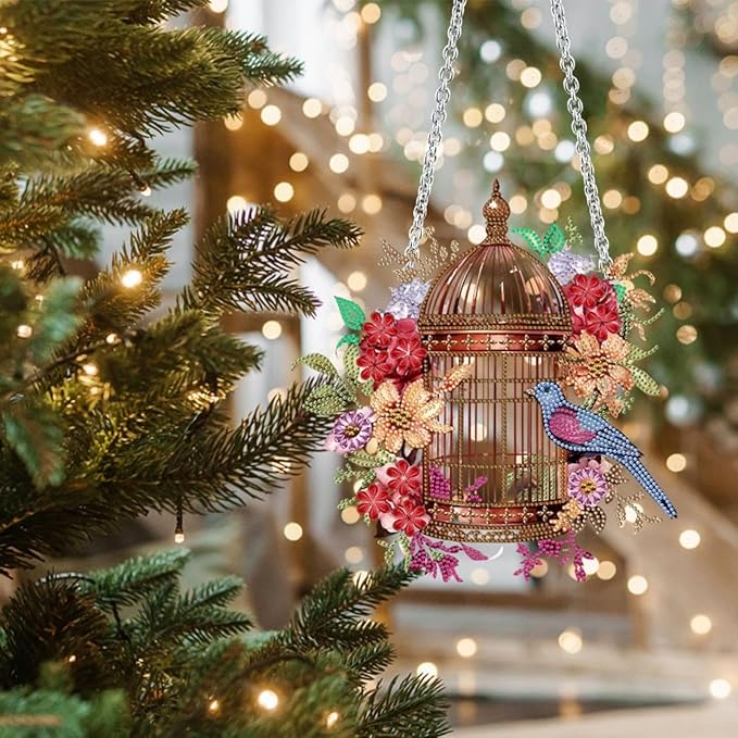 Flower Birdcage Design DIY Diamond Art Painting Wreath Kits Special Shaped Rhinestone Diamond Art Window Pendants Home Garden Wall Hanging Kits (Single Side Point Drill) (#11-Cat) (#03-Bird)