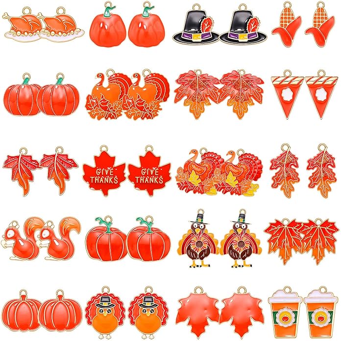 40/50PCS Fall Charms for Jewelry Making, Thanksgiving Pumpkin Maple Leaf Turkey Pendant Charms for DIY Autumn Bracelet Necklace Earrings Crafts