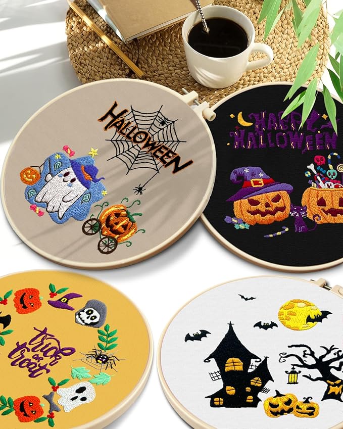 TINDTOP Halloween Embroidery Kit for Adult, 4 Pack Embroidery DIY Starter Kit, with Stamped Patterns, Hoop, Tools, Colorful Threads with Needles, Instructions