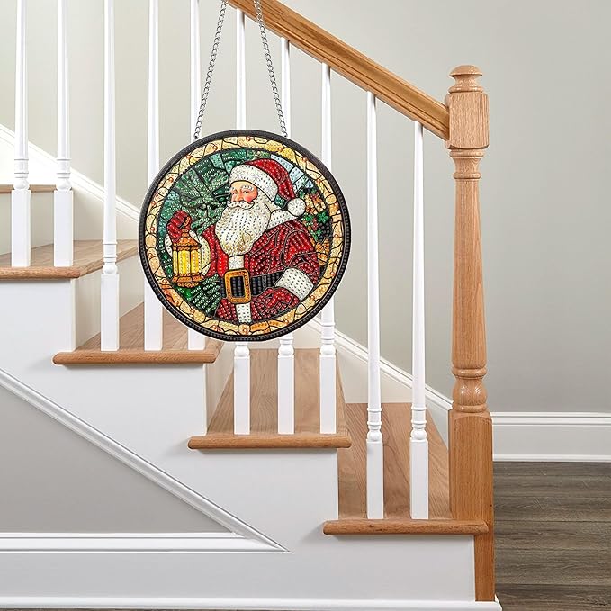 Pavemlo Hanging Diamond Art Kits for Adults Christmas Santa Claus – 8x8 Inch Double-Sided Acrylic Board DIY Crystal Diamond Suncatcher Pendant, Sparkling Home Wall or Window Decoration Handmade Gift