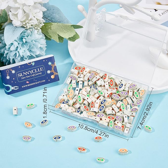 SUNNYCLUE 1 Box 200Pcs Clay Beads Evil Eye Handmade Polymer Clay Evil Eye Beaded Oval Shaped Clay Slices Charm Bead Loose Spacer Beads for Jewelry Making Beading Bracelets Necklace DIY Craft Supplies