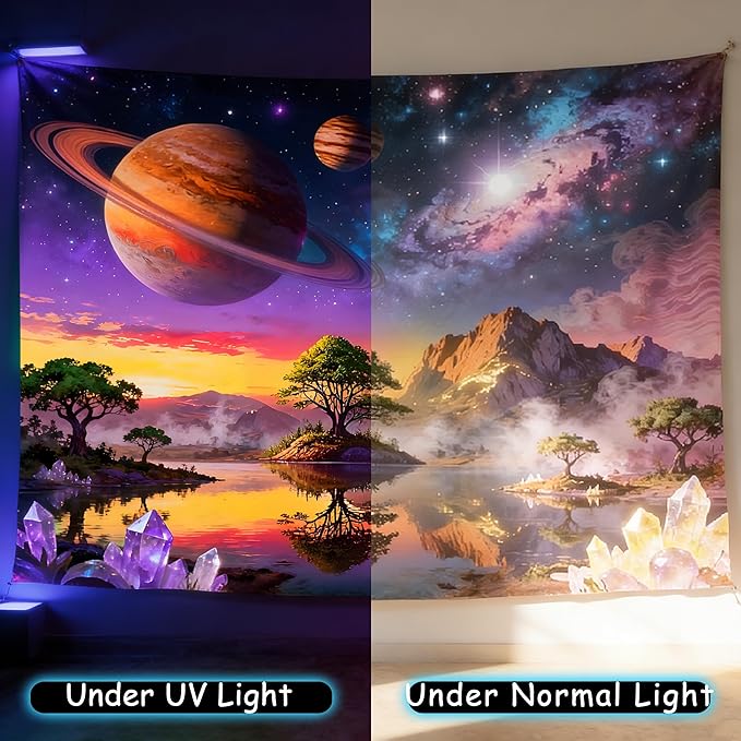 Duoduobuy 79x59 Inch Blacklight Tapestry Black Light Posters for Adults Galaxy Space Glow in the Dark Tapestry Trippy Landscape Planet Magical Trees Crystals Wall Decor with Traceless Nail Hook Kit