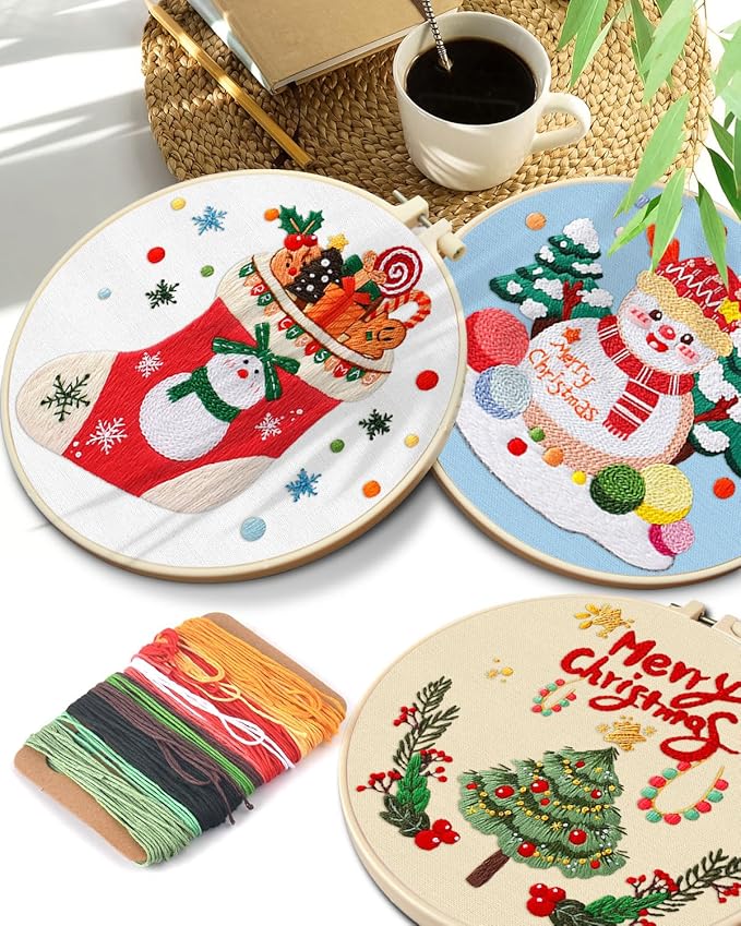 TINDTOP Christmas Embroidery Kit for Adult, 5 Pack Embroidery DIY Starter Kit, with Stamped Patterns, Hoop, Tools, Colorful Threads with Needles, Instructions