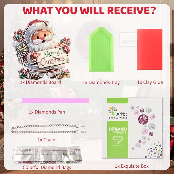 MEIYUDA Christmas Santa Claus Diamond Art Hanging Kits for Adult, Merry Christmas Diamond Painting Kits Ornaments, DIY Special Shaped Rhinestone Window Pendants kit for Home Garden Wall Decor Gift