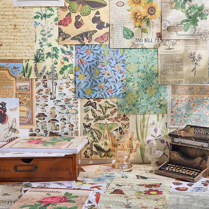 emmoolife Vintage Washi Sticker for Scrapbooking, Ephemera Sticker Book for Journaling with 512 Botanical Stickers & 25 Scrapbook Papers, Ephemera for Junk Journal, Journaling Supplies for Crafts