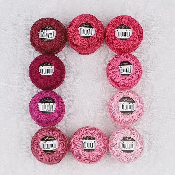 Size 8 Double Mercerized Egyptian Long Staple Cotton Pearl Thread Ball 5 Grams Rainbow Color Embroidery Thread 10 Colors per Box for Crochet Hardanger Cross Stitch Hand Embroidery (Set C)