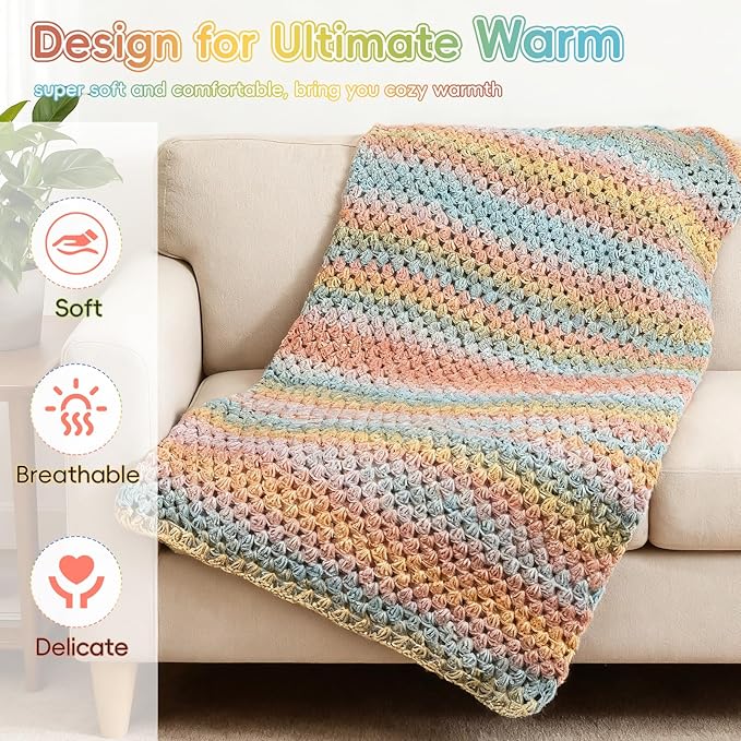 Aeelike Blanket Crochet Kit for Beginners, Super Easy Crochet Blanket Kit with Soft & Colorful Gradient Yarns Detailed Video Tutorials Crocheting Accessories, Classical Gradient & Ideal Gift
