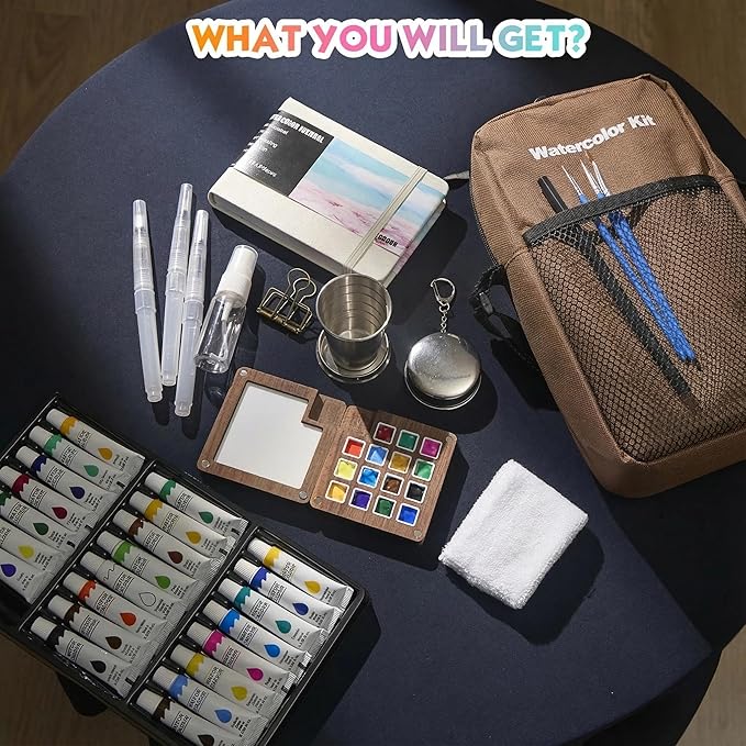 Mini Watercolor Paint Set, Premium Pocket Watercolor Travel Kit, With 24 Watercolor Paints, 15-Grid Black Walnut Palette, Crossbody Bag, Oil Painting Paper Sketchbook, Ideal for art lovers