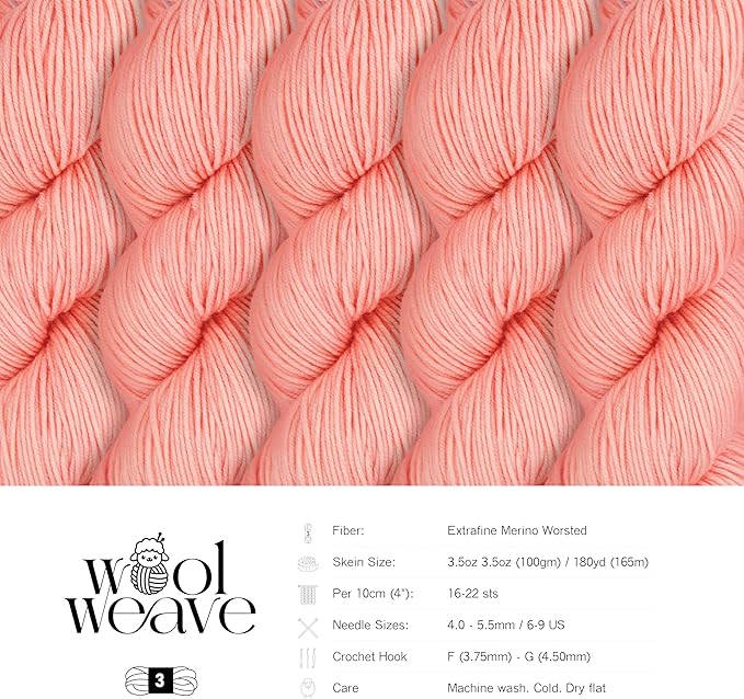 Superwash Merino Wool Yarn for Knitting & Crocheting - Premium Hand Dyed Coral Blush Yarn, 100gr, 240 Yards, Dk Weight - Luxurious, Soft & Durable