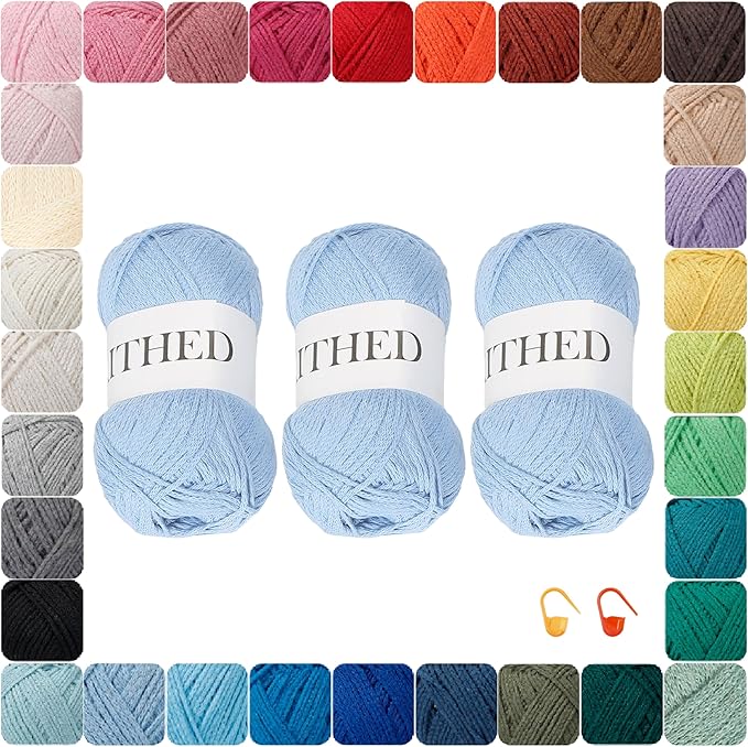 Cotton Chainette Yarn,4 Medium (Worsted)-10oz,3 Pack,Knitting Yarn for Beginners,Thicker for Crocheting and Knitting (28 Light Blue)