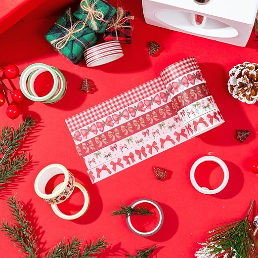 Christmas Bow Washi Tape - 12 Rolls Festive Holiday Designs with Holly Candy Cane Patterns, Easy Tear & Acid Free Adhesive for for Gift Wrapping, Scrapbook, Journal Decor & DIY Projects