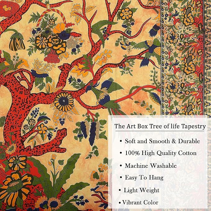 the art box store yellow orange tree of life wall hanging tapestry for bedroom (full, 85x90 inch) – indian cotton bedspread, picnic sheet, nature-inspired wall decor
