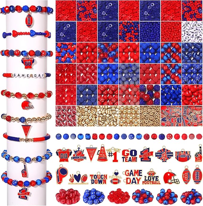 3000PCS+ Game Day Beads for Bracelets Making Red Black Clay Heishi Beads Pearl Acrylic Letter Bead Enamel Football Charms for Bracelet Earrings Necklace Making DIY Game Day Accessories (Red Blue)
