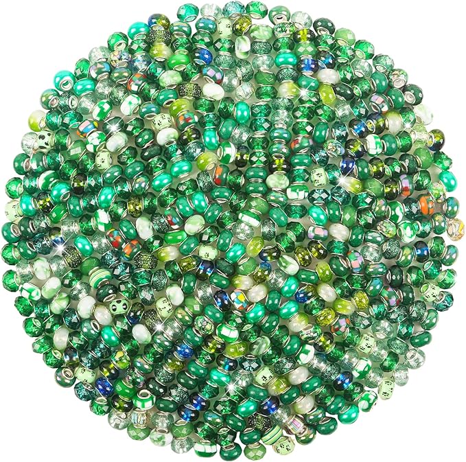 Large Hole European Beads for Pens - 100 Pieces Dark Green Assorted Fairy Wand Garden Lampwork Craft Spacer for DIY Bracelet Necklace Decoration Jewelry Making Supplies