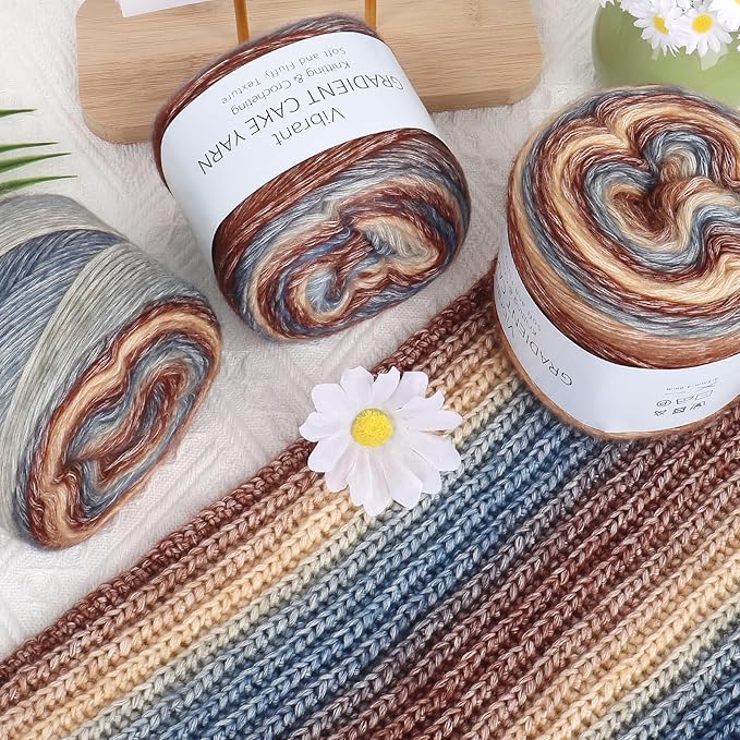 Aeelike Cake Yarn for Crocheting, 3 Skeins Gradient Cake Yarn 100g (3.52 oz) 245m (267 Yards), Super Soft Ombré Yarns Cake Rainbow Cotton Yarn for Making Colorful Crafts, Khaki Gradient