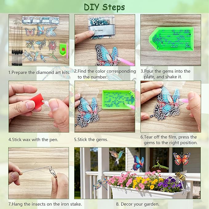 Muzagroo Art 10 Pcs Diamond Art Kits for Garden Decor Butterflies Hummingbirds Swaying in The Wind Insects Diamond Painting Kits for Adults with Iron Stakes Garden Decor Gem Art Kits Adults Crafts