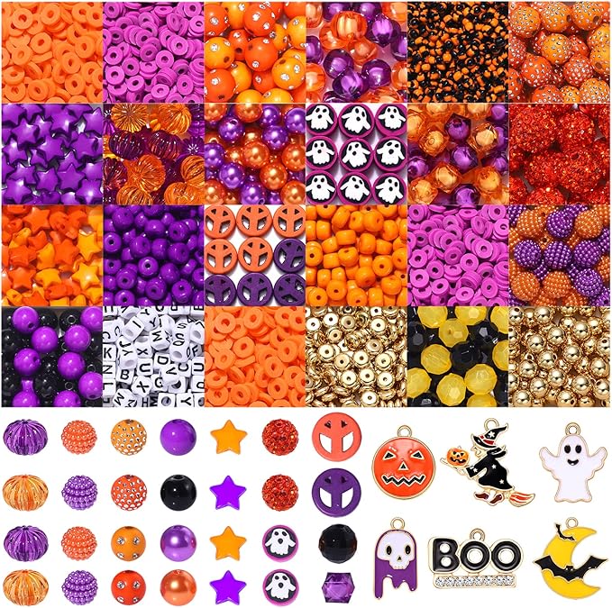 2381PCS+ Halloween Beads and Charms for Jewelry Making Purple Orange Black Heishi Letter Round Beads Ghost Boo Bat Pumpkin Witch Pendants for Holiday Party Necklace Bracelet Jewelry DIY Supplies