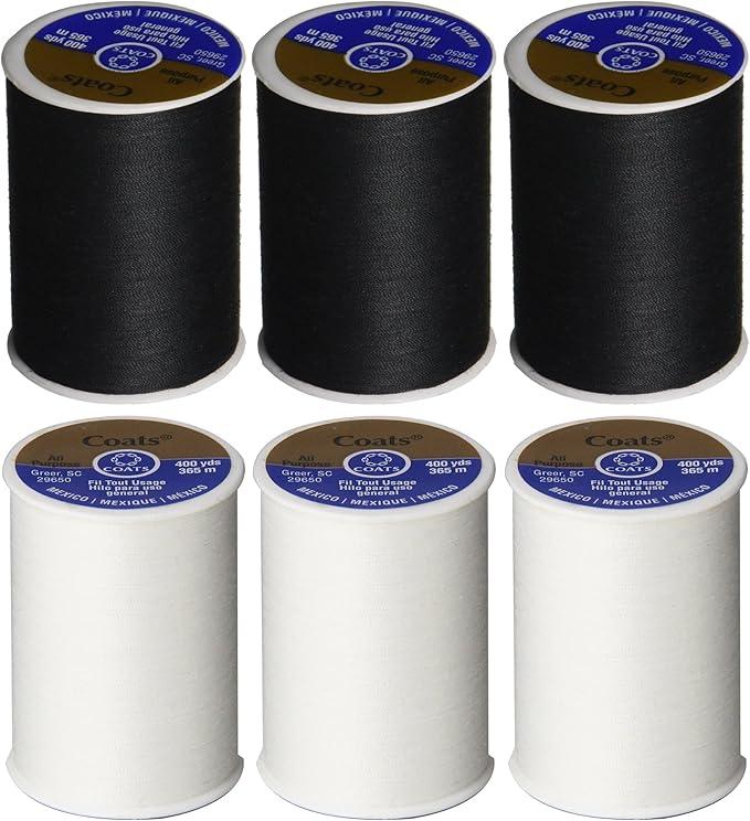 6 Pack Bundle - (3 Black + 3 White) - Coats & Clark Dual Duty All-Purpose Thread - Three 400 Yard Spools each of BLACK & White