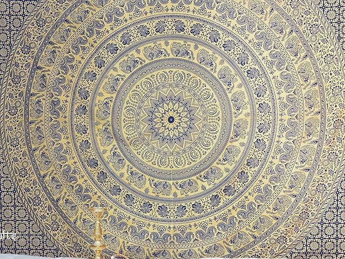 popular handicrafts new releases kp774 elephant tapestry wall hanging hippie bohemian mandala wall art with metallic shine tapestries (215x230cms) gold on blue dye