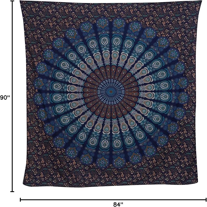bless international handmade indian hippie bohemian psychedelic peacock mandala wall hanging college dorm beach throws table cloth bedding tapestry (blue green, queen(84x90inches)(215x230cms))